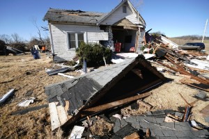 Part of a roof lays in front of a home, destroyed by a powerful tornado in Defiance, Missouri on Sunday, December 12, 2021. A tornado hit the small town west of St. Louis on Friday, December 10, 2021, destroying 25 homes and killing one.  Credit: © Bill Greenblatt, UPI/Alamy Images