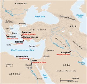 This map shows the locations of the Seven Wonders of the Ancient World. The Pyramids of Giza are in northern Egypt. The Hanging Gardens of Babylon were near what is now Baghdad, Iraq. The Temple of Artemis was built in the Greek city of Ephesus, on the west coast of what is now Turkey. The statue of Zeus was at Olympia, Greece. The Mausoleum at Halicarnassus was built in what is now southwestern Turkey. The Colossus stood near the harbor of Rhodes, an island in the Aegean Sea. The Lighthouse of Alexandria stood on the island of Pharos in the harbor of Alexandria, Egypt. Credit: WORLD BOOK map