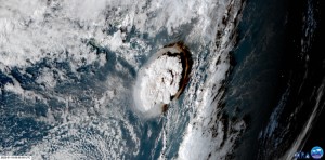 An undersea volcano erupted near the Pacific island of Tonga, and several satellites caught the incredible explosion in action. The blast of the Hunga Tonga Hunga Ha’apai volcano created a  plume of ash, steam and gas mushrooming above the Pacific Ocean, with a quickly expanding shockwave visible from orbit.  Credit: NOAA/NASA