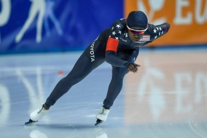 Erin Jackson of USA competing on the 500m during the 2021 ISU World Cup on November 12, 2021 in Tomaszow Mazowiecki, Poland.  Credit: © Orange Pics BV/Alamy Images