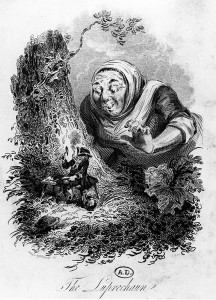 According to tradition, a person who captures a leprechaun can force him to give up his treasure. This engraving shows a woman sneaking up to capture a leprechaun as he repairs a shoe by a tree. Credit: (c. 1800-50) engraving by George Cruikshank, Bibliotheque des Arts Decoratifs (Bridgeman Art Library)