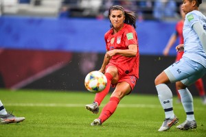 U.S. forward Alex Morgan drives the ball in the FIFA Women's World Cup opening group stage match against Thailand at the Stade Auguste-Delaune in Reims, France, on June 11, 2019. Morgan scored five times in the 13-0 U.S. win. Credit: © Feel Photo/Shutterstock