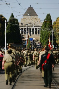 Soldiers take part in a memorial service during an Anzac Day event. Anzac Day is a patriotic holiday in Australia and New Zealand that honors people who served in the armed forces. Credit: © Kristian Dowling, Getty Images