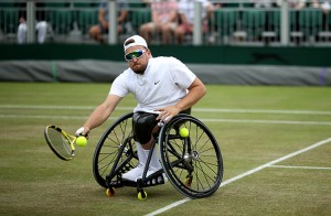 Australian tennis star Dylan Alcott competes in the men's quads wheelchair singles at the Wimbledon Championships.  Credit: © PA Images/Alamy Images