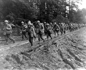Purple Heart Battalion was the nickname given to a Japanese American unit in the United States Army during World War II (1939-1945). The unit was officially the 100th Battalion of the 442nd Regimental Combat Team. Credit: U.S. Army Photo/US National Archives