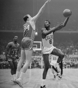 Bill Russell, number 6, was one of the leading rebounders in the National Basketball Association (NBA). Russell played for the Boston Celtics from 1956 to 1969. As player-coach of the Celtics from 1966 to 1969, he became the first African American head coach in major league professional sports. Credit: © Bettmann/Getty Images