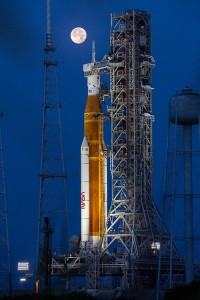 The Artemis I Space Launch System (SLS) and Orion spacecraft at NASA’s Kennedy Space Center on June 14, 2022.  Credit: KSC/NASA