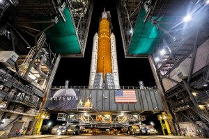 NASA’s Space Launch System (SLS) rocket and Orion spacecraft rolls out to the Launch Complex on Aug. 16, 2022, ahead of the scheduled launch of the Artemis 1 mission on Aug. 29, 2022.
