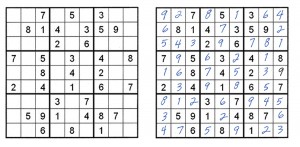 Sudoku puzzles contain numbers that are already filled in by the puzzle’s author, called clues, which allow the puzzle to be solved. The sudoku on the left is unsolved, and the numbers in black are the clues. The sudoku on the right has been solved, and the numbers in blue are the answers for the puzzle. Credit: World Book illustration