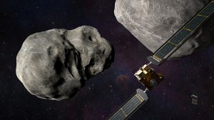 This illustration shows an imagined view of NASA’s Double Asteroid Redirection Test (DART) spacecraft approaching the asteroids Didymos and Dimorphos. The smaller spacecraft is LICIACube, built by the Italian Space Agency. Credit: NASA/Johns Hopkins, APL/Steve Gribben