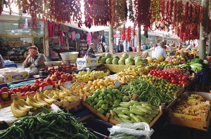 Colorful vegetables at an outdoor market include beans, lettuce, peppers and tomatoes. This market, from the city of Mugla in southwestern Turkey, also sells a variety of fruits. Credit: © Janine Wiedel Photolibrary/Alamy Images