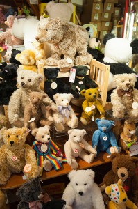 Teddy bears are stuffed toy bears. These bears, on display in a toy shop, were made by the German-based Steiff company, one of the earliest makers of teddy bears. Credit: © Oramstock/Alamy Images