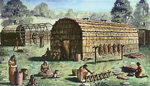 The Iroquois peoples of the Eastern Woodlands of North America were known for their characteristic dwellings, called longhouses, which are shown in this illustration. The Iroquois called themselves the Haudenosaunee, which means we longhouse builders. Credit: © Stock Montage/Alamy Images