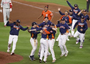 The Houston Astros celebrate winning the World Series at Minute Maid Park in Houston, Texas, on Nov. 5, 2022. The Astros defeated the Philadelphia Phillies 4-1 in game six to win the series four games to two. Credit: © John Angelillo, UPI/Alamy Images
