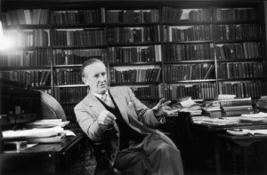 J. R. R. Tolkien was an English author and scholar. He wrote a popular series of novels about imaginary creatures distantly related to humans called hobbits . Tolkien introduced the characters in The Hobbit (1937). Credit: © Haywood Magee, Getty Images