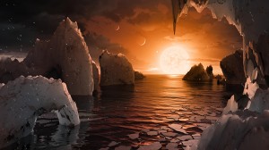 This artist's illustration imagines the view from the surface of one of the planets in the TRAPPIST-1 planetary system. Astronomers think that some of the planets in this system may have a substantial ocean of water, a necessary ingredient for life. Credit: NASA/JPL-Caltech