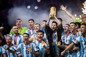 Argentinian soccer players celebrate after winning the 2022 FIFA World Cup Credit: © Moritz Muller, Alamy Images