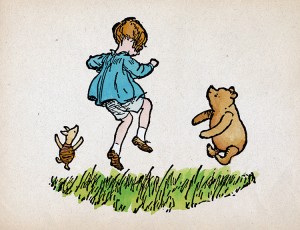 Christopher Robin plays with Winnie-the-Pooh and Piglet in this illustration by the English artist Ernest H. Shepard for Now We Are Six , (1927), a poetry collection by the English author A. A. Milne. In addition to poems, Milne wrote many popular stories that feature the characters. Credit: © Fototeca Gilardi/Marka/SuperStock