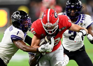 University of Georgia tight end Brock Bowers against Texas Christian University in the second quarter of the NCAA College Football National Championship in California, on January 9, 2023. Credit: © Mike Goulding, UPI/Alamy Images