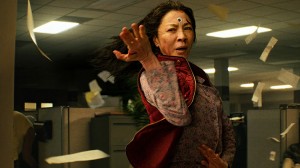 Michelle Yeoh stars as a woman who suddenly develops the power to leap between parallel universes in the action-adventure-fantasy Everything Everywhere All at Once. Credit: A24