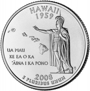 The Hawaii state quarter featuring Kamehameha I reaching out to the eight islands of Hawaii. Credit: U.S. Mint