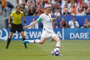 American Megan Rapinoe on a penalty in a match against the Netherlands on July 7, 2019, during the FIFA Women’s World Cup in France. Credit: © Romain Biard, Shutterstock