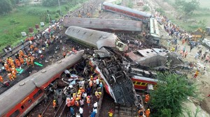 Rescue workers aid in the aftermath of a three-train crash that killed 275 people and injured more than one thousand in India's Odisha state on  June 2, 2023. Credit: National Disaster Response Force