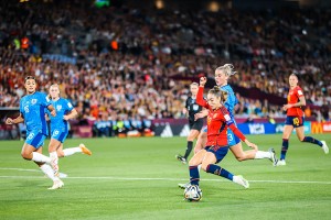 CaptionSpanish star Olga Carmona (red shirt, number 19) scores the only goal at the 2023 Women's World Cup Championship Game on Aug. 20, 2023, at Stadium Australia in Sydney, Australia. Spain defeated England 1-0. Credit: © Chris Putnam, ZUMA Press/Alamy Images